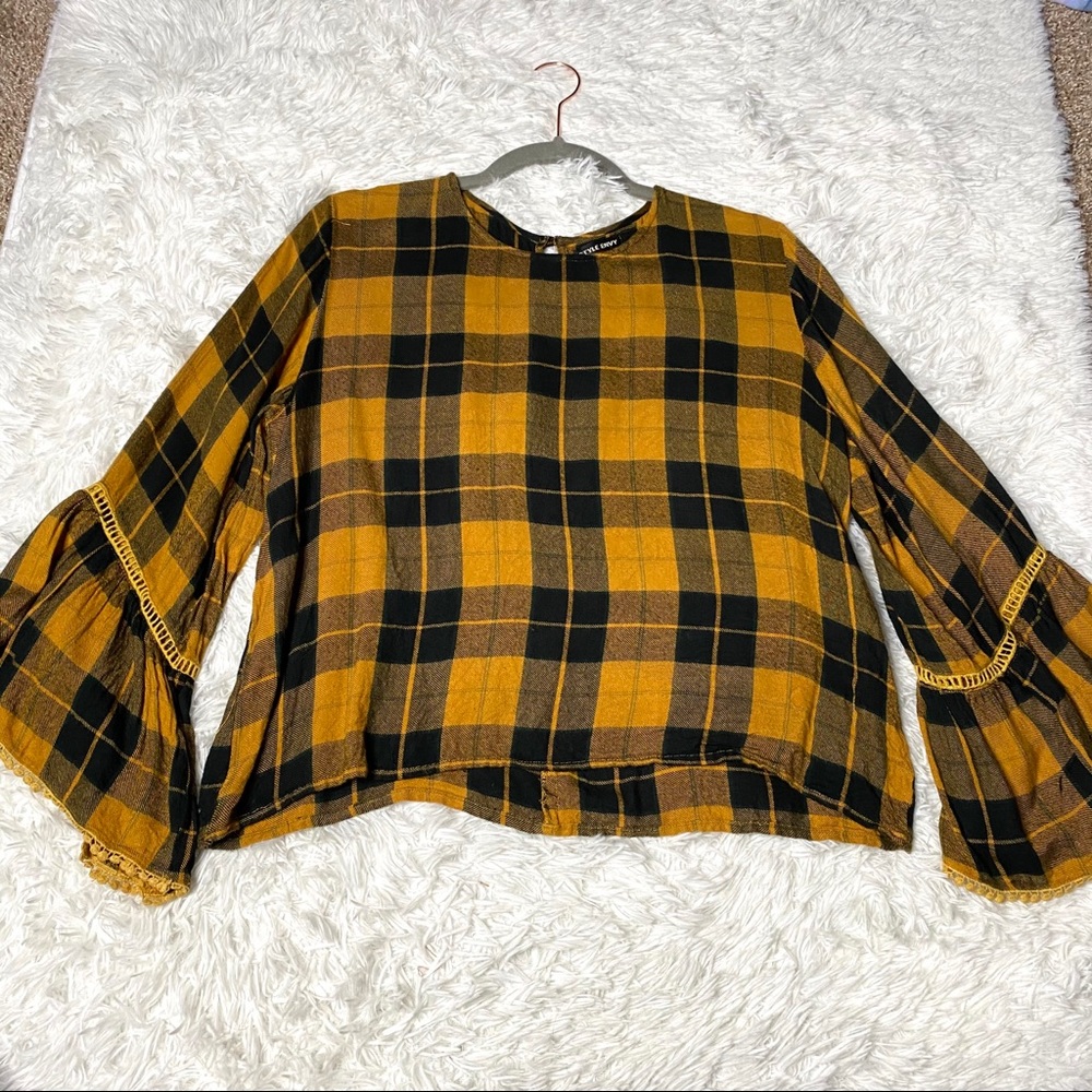 Style Envy Orange Plaid Bell Sleeve Top Shirt
